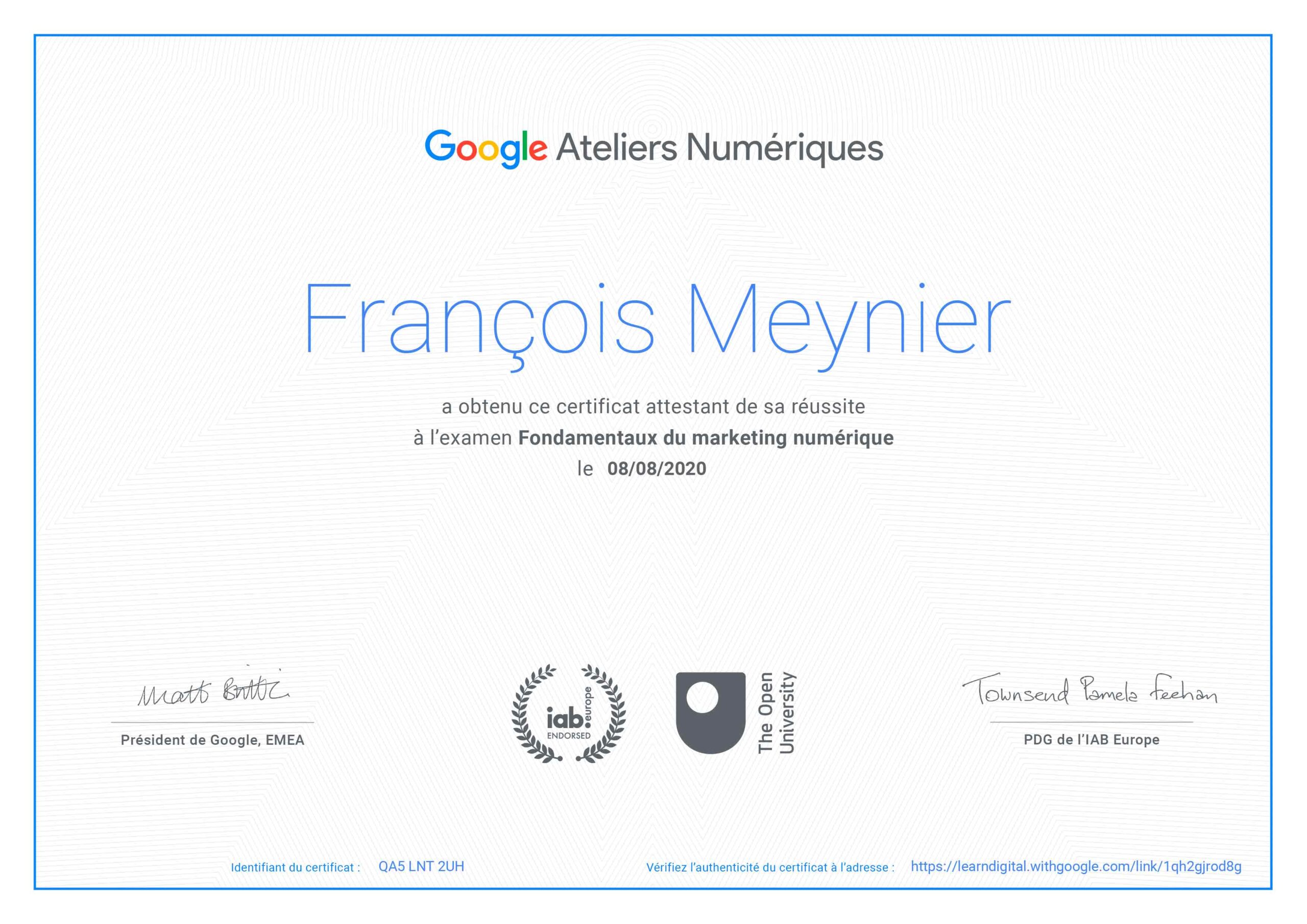 Certification Google Marketing Numérique Francois Meynier