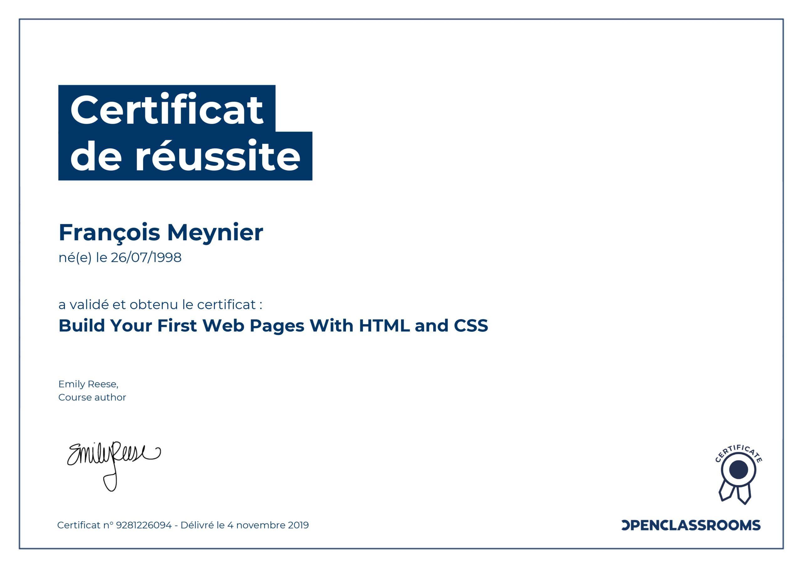 certification html and css web pages francois meynier